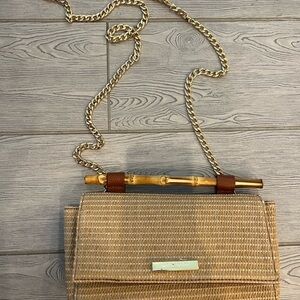 Katie Loxton London Elegant Tan Woven Straw Crossbody Bag with Gold Chain